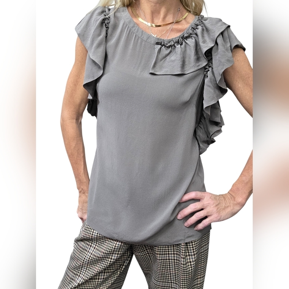 Ann Taylor Silk Ruffle Blouse Gray Flutter Sleeve Top Small